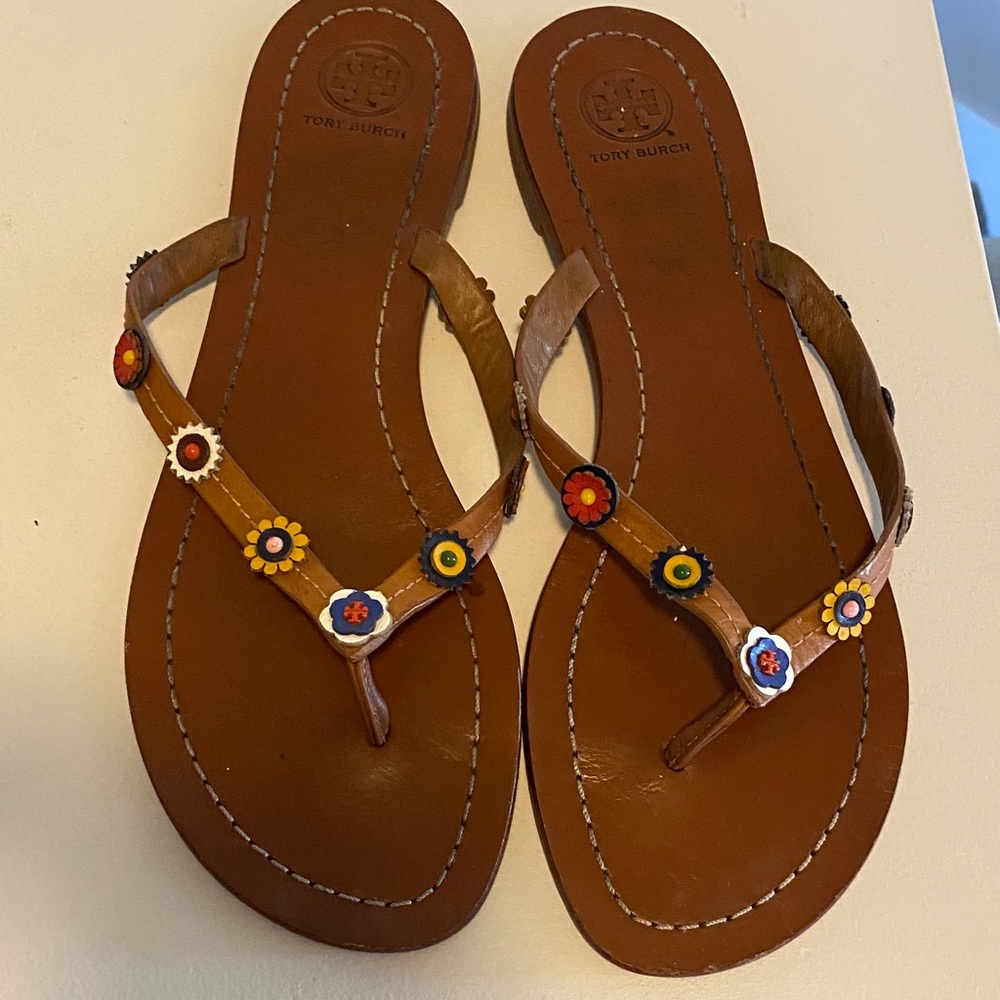 Tory Burch Tan Sandals with Colorful Floral Accents